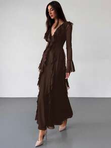 Aloruh Black Knit Mesh Deep V-Neck Long Sleeve Ruffle Hem Dress,Wedding Guest Dress Women