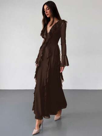 Aloruh Black Knit Mesh Deep V-Neck Long Sleeve Ruffle Hem Dress,Wedding Guest Dress Women