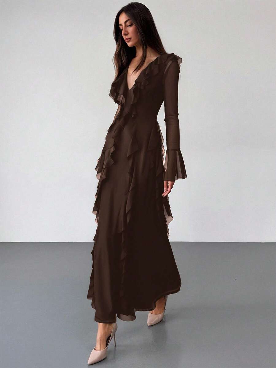 Aloruh Black Knit Mesh Deep V-Neck Long Sleeve Ruffle Hem Dress,Wedding Guest Dress Women