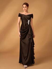 优雅奢华的海军蓝缎面露肩褶皱 A 字形不对称荷叶边下摆连衣裙，适合晚会、庆典、婚礼、新娘母亲礼服 - 咖啡棕 - 查看 4