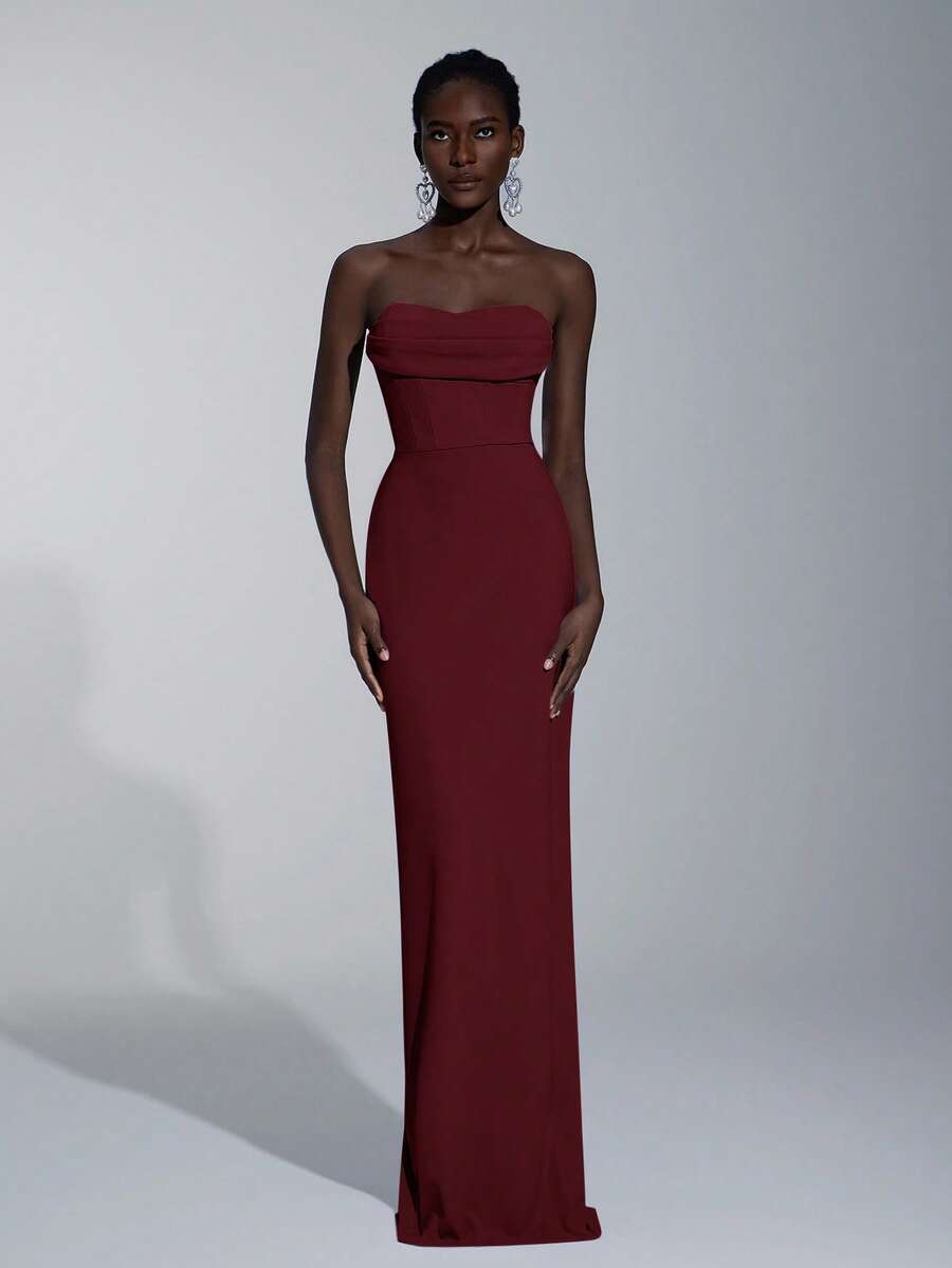 Elitara Elegant Minimalist Split Bandeau Plunging Neckline Fitted Maxi Slit Back Bridesmaid Dress - Burgundy - View 1