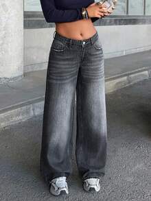 EURMUSE JEANS WIDE LEG FIT LOW WAIST CASUAL STYLE GREY WASHED - Medium Wash - View 3