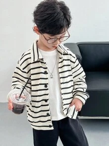 Genkimix Kids 2pcs/Set Toddler Boys' Autumn New Striped Collar Long Sleeve Button-Up Shirt Top And Straight Leg Casual Pants Set, Stylish Street Fashion Outfit Fall Winter - Black and White - View 5