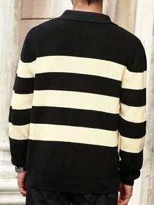 Manfinity Bizformal Men's Contrast Stripe Drop Shoulder Long Sleeve Half-Zip Fashionable Versatile Knit Sweater, For Fall Winter - Black and White - View 2
