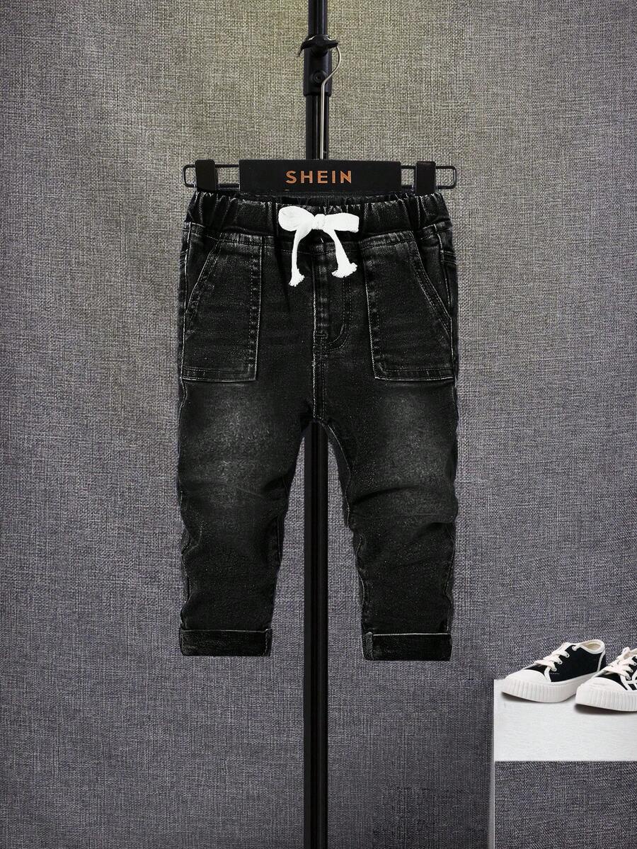 SHEIN 男婴休闲紧身打结口袋牛仔裤 - 黑色 - 查看 1