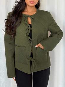 Rafferiza Manteau matelassé avec nœud papillon pour femmes, automne/hiver - Militaire verte - Voir 1