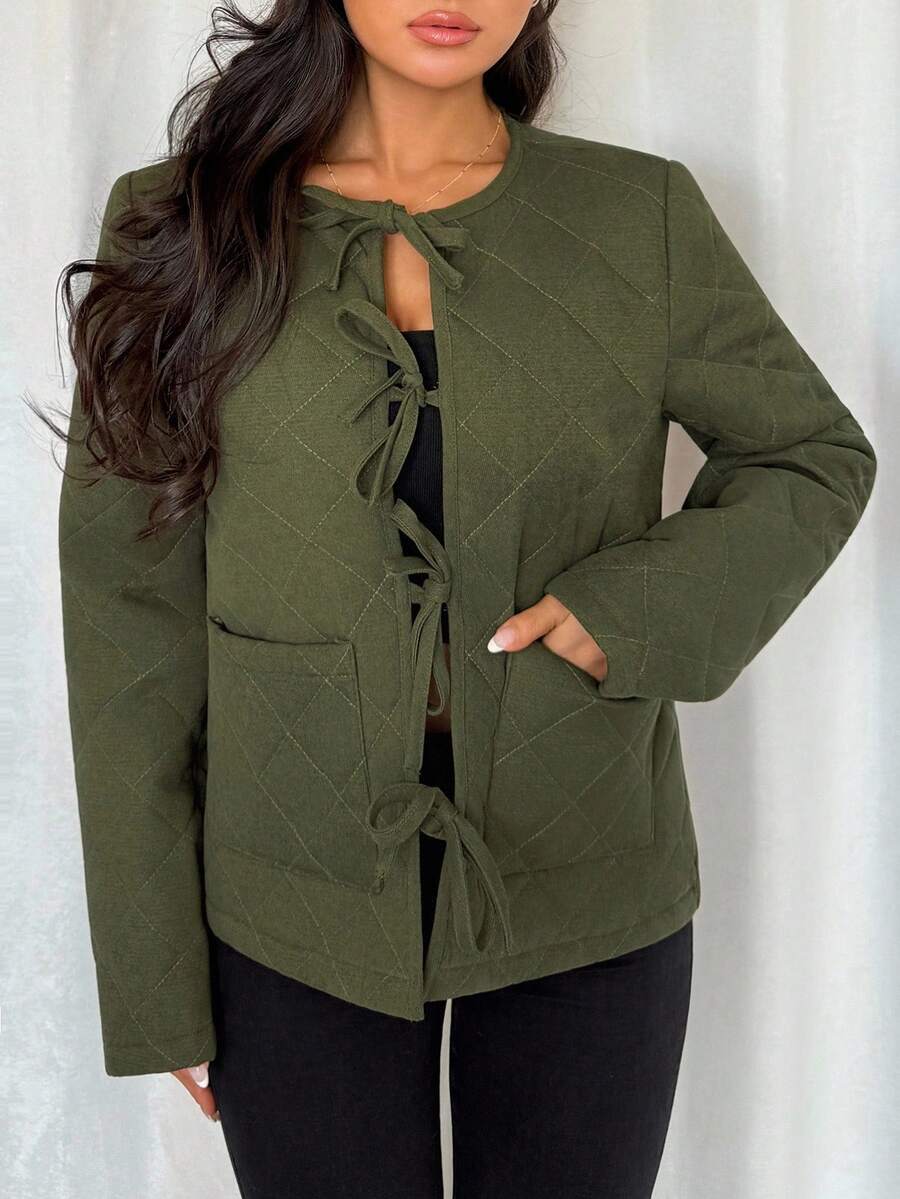 Rafferiza Manteau matelassé avec nœud papillon pour femmes, automne/hiver - Militaire verte - Voir 1