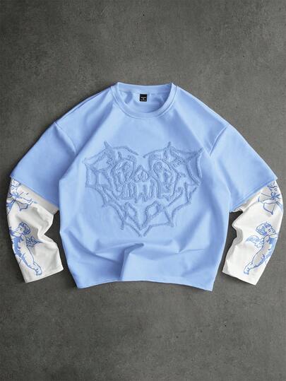 PAVTROS 男士街头风流行INS同款天使丘比特印花刺绣爱心图案T恤，户外音乐节，夜店酒吧，男友/老公礼物，周年纪念礼物