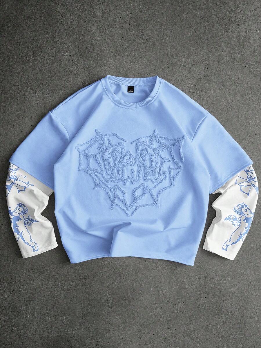 PAVTROS 男士街头风流行INS同款天使丘比特印花刺绣爱心图案T恤，户外音乐节，夜店酒吧，男友/老公礼物，周年纪念礼物 - 彩色 - 查看 1