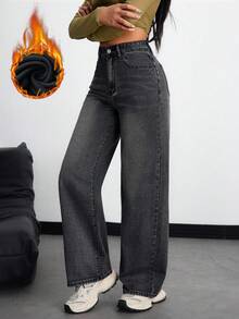 SHEIN ICON 女式纯色休闲保暖牛仔裤 - 灰色 - 查看 4