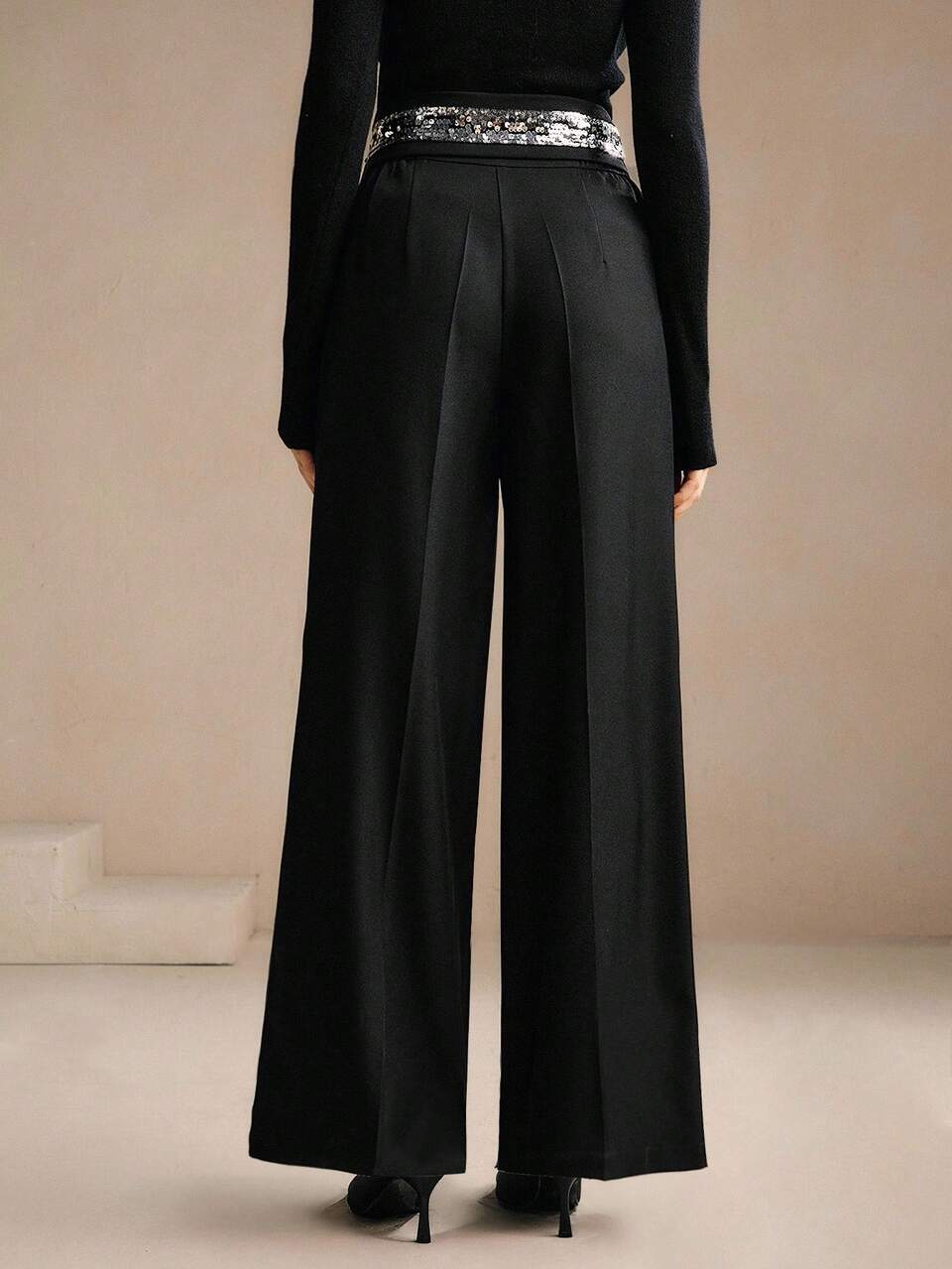 Black,Summer,Elegant,Sequin,Party Night Unique 3D Sequins Beaded Wide Waistband Mid-Rise Straight Leg Pants With Pockets,Chic,Christmas,New Year Pants