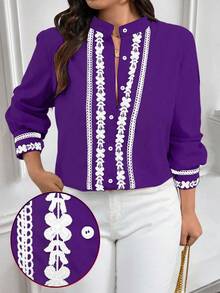 EMERY ROSE Plus Size Contrast Color Trim Collar & Cuff Casual/Work Wear Long Sleeve Shirt - Purple - View 1