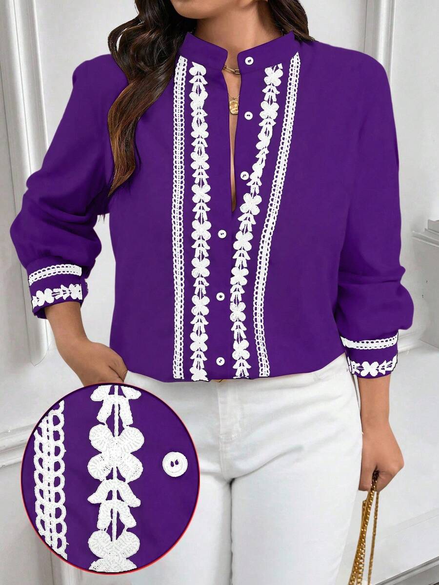 EMERY ROSE Plus Size Contrast Color Trim Collar & Cuff Casual/Work Wear Long Sleeve Shirt - Purple - View 1