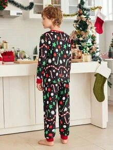 2 件圣诞节舒适家居趣味印花可爱卡通拐杖糖、圣诞树、雪花、星星圣诞礼物长袖裤抽绳可爱儿童外套睡衣套装，男孩和大童 - 黑色 - 查看 2