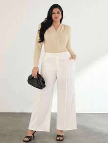 SHEIN Privé Plus Size Women Elegant Ruched Shoulder Casual Bodysuit, Slim Fit Long Sleeve, Suitable For Commuting And Outdoor Wear, Autumn/Winter