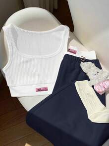 Comfortcana 2 件套女式字母印花背心和撞色长裤套装，奶油黄色，夏季假期 - 藏蓝色 - 查看 3