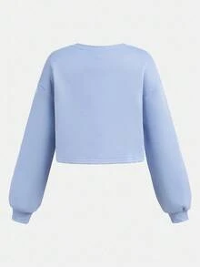 SHEIN 青少年女孩休闲宽松舒适圆领长袖短款连帽衫和裤子套装 - 淺藍色 - 查看 7