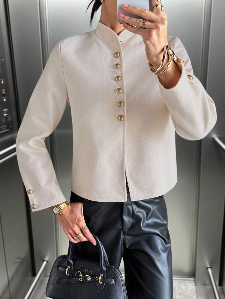 Siren Gaze Women's Stand Collar Metal Button Solid Color Raglan Sleeve Front Button Fashionable Coat In Fall/Winter Casual - Apricot - View 3