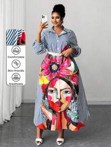 Maweii Plus Size Women's Casual Abstract Portrait & Striped Print Shirt Collar Side Slit Puff Sleeve Maxi Party Dress, Suitable For Back To School Season