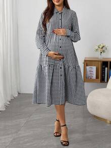 SHEIN 孕妇格子长袖单排扣荷叶边下摆休闲哺乳功能衬衫裙，秋季 - 黑與白 - 查看 6