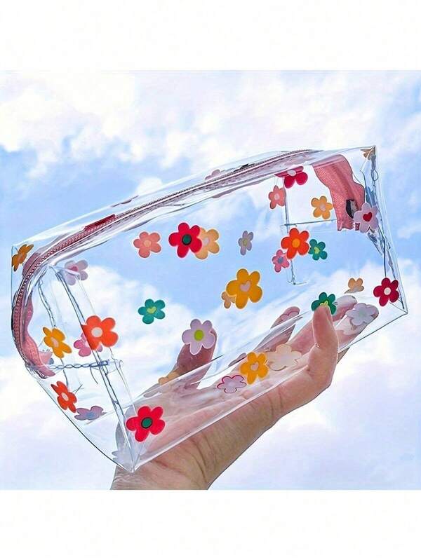 SHEIN 1 pieza Bolsa de cosméticos transparente con diseño de flor, impermeable, bolsa transparente para lápices, bolsa transparente para lápices, reutilizable y lavable, un regalo pequeño y lindo, adecuado para cumpleaños, bodas, fiestas, Navidad, Halloween, Acción de Gracias, carnaval, temporada de graduación, temporada escolar, 1 paquete de flores de color + 1 paquete de flores blancas, de vuelta a la escuela, útiles escolares, estuche para lápices, bolsa para lápices, bolsa escolar
