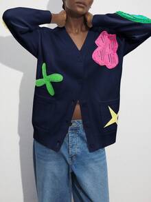 Maija Damski luźny kardigan z dzianiny w kwiaty, wzór jesienny/zimowy, uniwersalny, idealny do miejskich dojazdów, na co dzień, do biura, elegancki na imprezy i spotkania