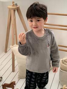 DAZY 2pcs Toddler Boys' Casual Round Neck Long Sleeve T-Shirt And Plaid Long Pants Pajama Set - Grey - View 3
