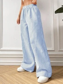 SHEIN PETITE CURVE 大码女款蓝色条纹编织裤