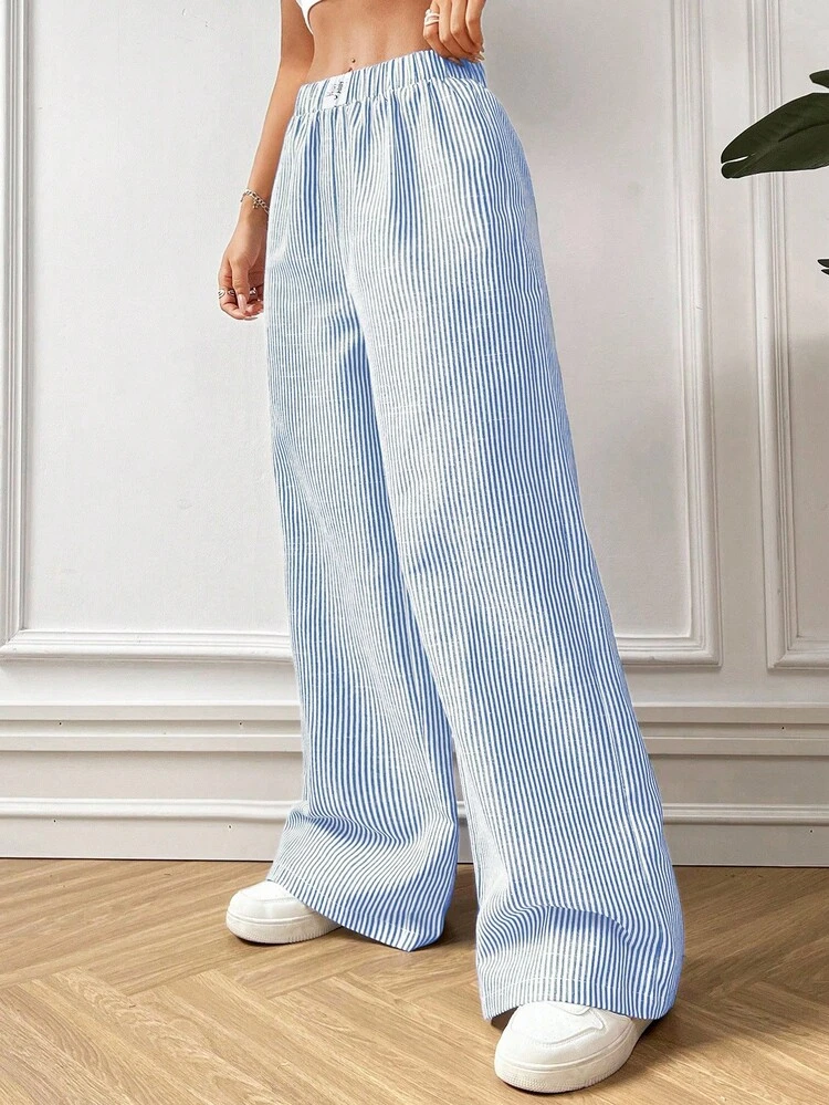 CovetEZ Calças Femininas Azul Listradas Tecido de Malha - Azul e Branco - Visão 5