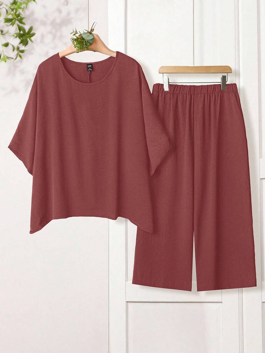 EMERY ROSE 大码女式深蓝色蝙蝠袖圆领衬衫和阔腿裤套装，带口袋，适合夏季 - 粉色 - 查看 1