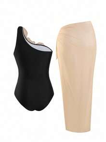 Swim Oasis Traje de baño de una pieza tipo monokini negro Premium Oasis para tallas grandes con cobertor de malla beige largo, adecuado para vacaciones en la playa - Multicolor - Ver 2