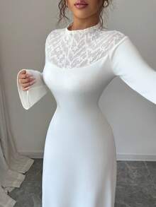 Modelyn Elegant Lace Patchwork Dress, French Style Fashion For Women