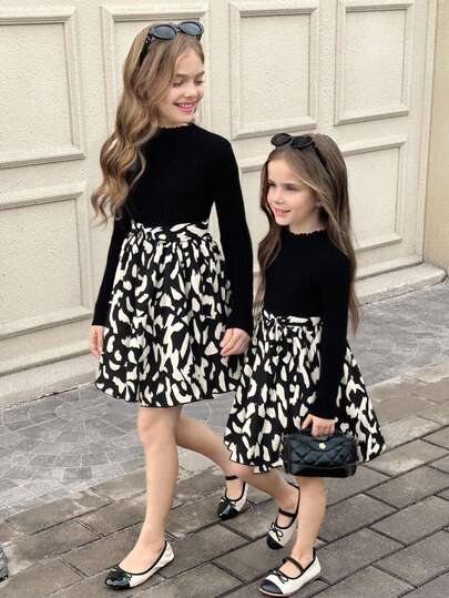 SHEIN 女童纯色拼布豹纹立领长袖休闲连衣裙，适合秋冬日常穿着