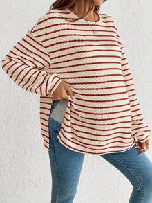 SHEIN 孕妇休闲条纹圆领落肩长袖运动衫双层衬里上衣女款条纹上衣毛衣上衣条纹长袖 - 紅白色 - 查看 6
