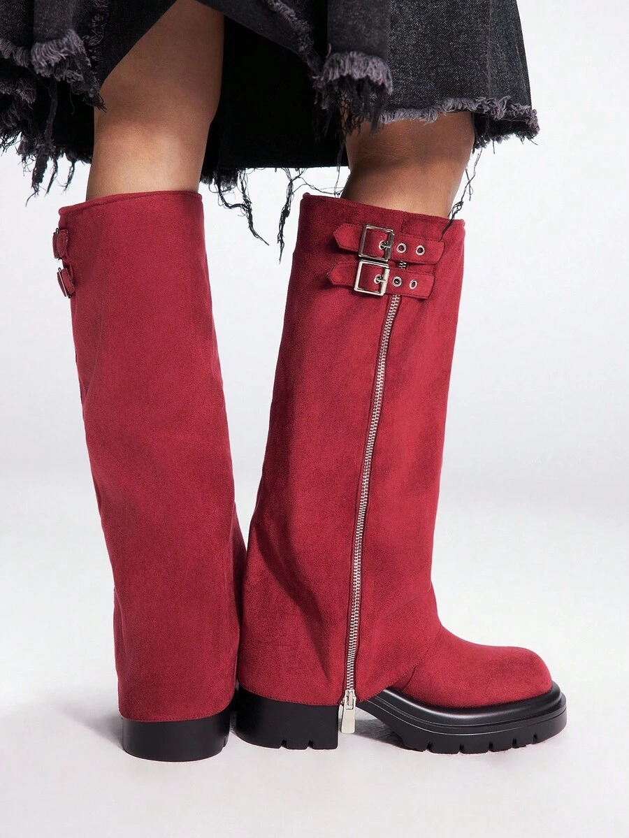 Sugerpunk 女士时尚中筒靴，休闲厚底 - 酒紅色 - 查看 1