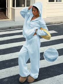 SHEIN EZwear Women's Casual Loose Sweatshirt Set, Light Blue, Autumn, Baby Blue Two Piece Pants Suit Baby Blue Outfit Women 2 Piece Casual Sets Woman,Cozy Fall And Winter Clothes For Women - Blue - View 3