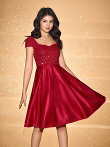 少女无袖亮片拼接束腰优雅万圣节圣诞连衣裙 - 紅色 - 查看 5