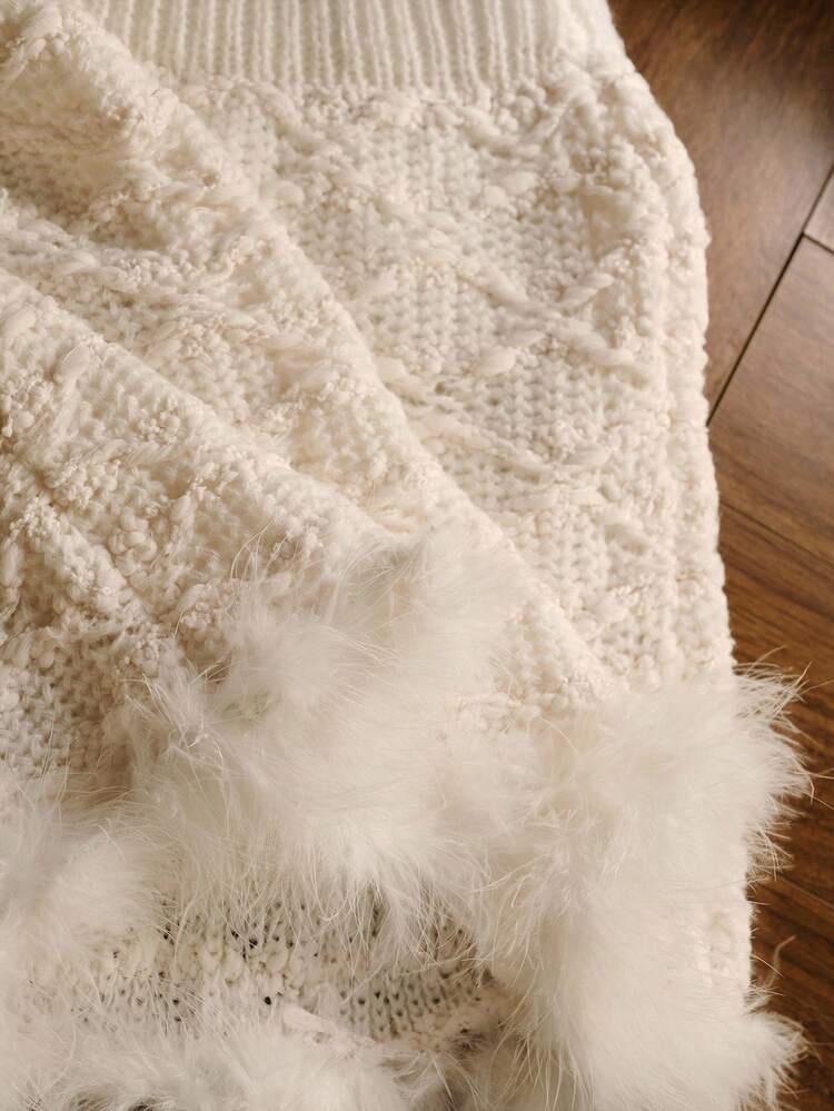 TEXTURED KNIT FURRY HEM SWEATER SKIRT
