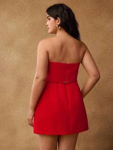 PREMIUM 大码蝴蝶结系腰带露肩连衣裙 - 紅色 - 查看 3