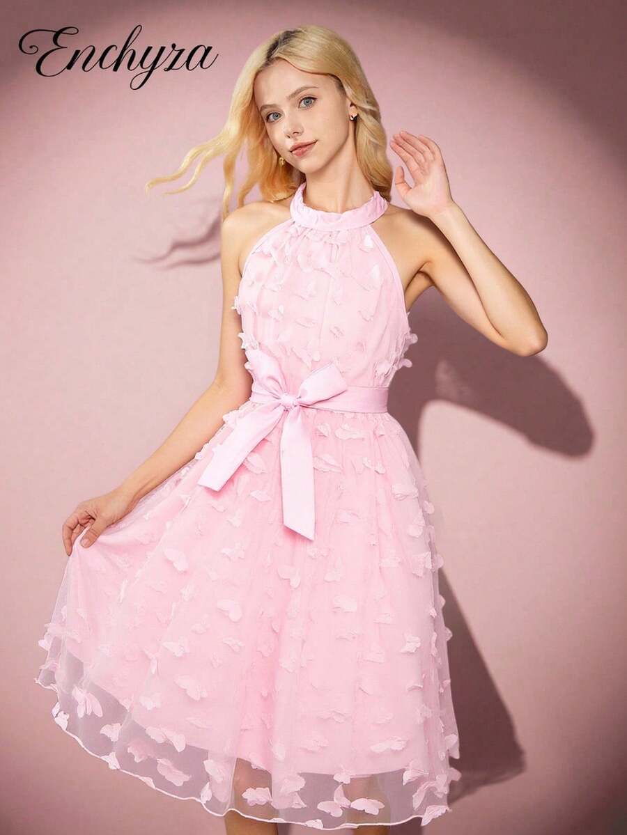 Teen Girls' Butterfly Decorated Spaghetti Strap Wide Swing Dress - Pink - View 1