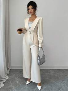 Selianne Bộ đồ liền thân chắp vá sequin thanh lịch dành cho nữ, thắt eo, mùa thu - Màu be - Xem 7