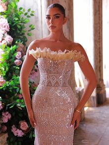 Glamrae 优雅奢华串珠亮片荷叶边蝴蝶结设计性感美人鱼拖尾长裙，适合婚礼、派对、舞会、正式场合（重度装饰） - 香檳色 - 查看 2