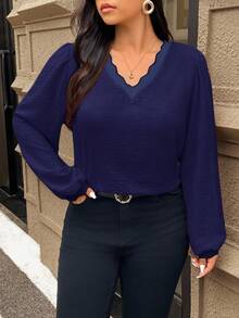 SHEIN Frenchy 秋季大码撞色饰边休闲宽松纹理面料长袖衬衫 - 藏蓝色 - 查看 2