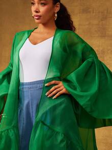 Vixey 豹纹透明欧根纱荷叶边下摆和服，女士沙滩装，夏季，波西米亚风，女士沙滩罩衫，海岛度假装 - 綠色 - 查看 6