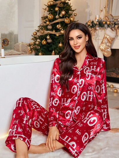 LuxeNights Conjunto de pijama de pantalón y blusa con estampado inglés de seda sintética elegante para mujer LuxeNights, ropa de otoño, Navidad