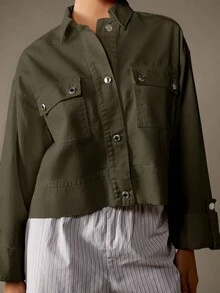 MISSGUIDED Áo khoác denim tiện dụng cỡ lớn bằng cotton, cài nút, cắt ngắn, cổ bẻ, có nút bấm kim loại, túi trước, tay bo gấu, trang phục thường ngày mùa thu đông - màu xanh lá - Xem 3