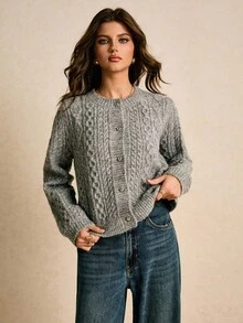Poéselle Women's Grey Cable Knit Button Up Cardigan Sweater,Cozy Chunky Vintage Y2K Style Long Sleeve Top,Solid Color Casual Autumn Work Wear Front Closure - Grey - View 4