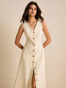 Poéselle Đầm suông không tay cổ chữ V họa tiết hoa kim loại thanh lịch cho nữ - Màu be - Xem 4