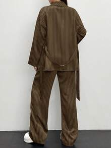 Siren Gaze Bộ đồ Kimono kẻ sọc thanh lịch thường ngày cho nữ, Áo khoác Blazer hai mảnh thời trang công sở đi làm, trang phục thu đông cho nữ - màu nâu - Xem 2