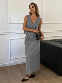 DAZY 2pcs Women's Elegant Solid Color V-Neck Sleeveless Crop Top With Bow Decor & Straight Hem Midi Skirt Suit Set, Autumn/Winter Lounge Sets For Women - Grey - View 3